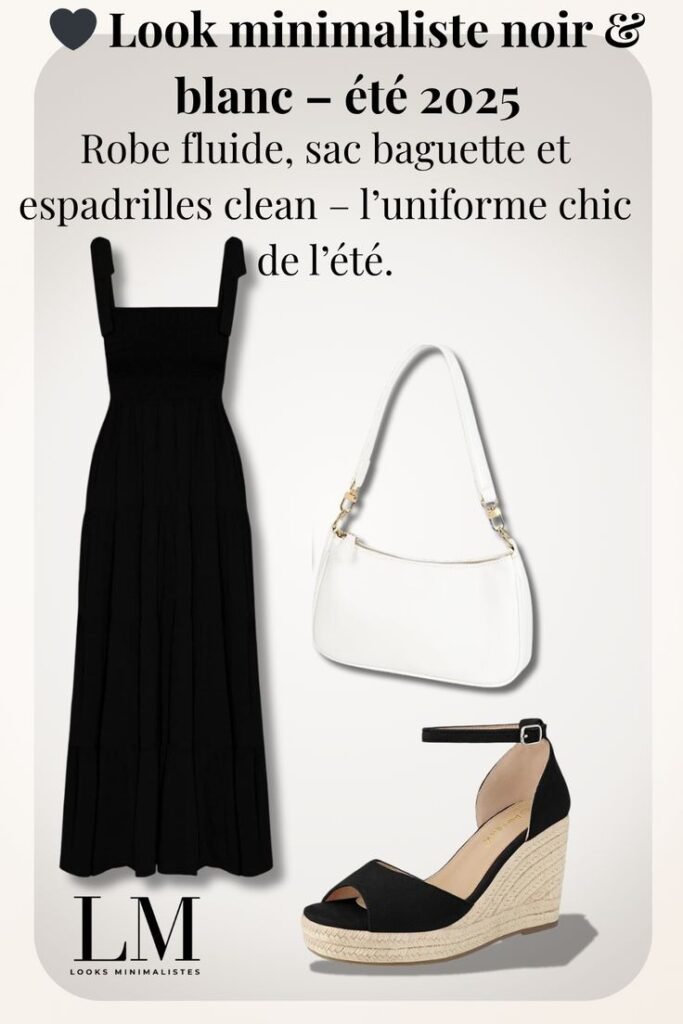 looks minimalistes, robe noire sac blanc et sandales noire