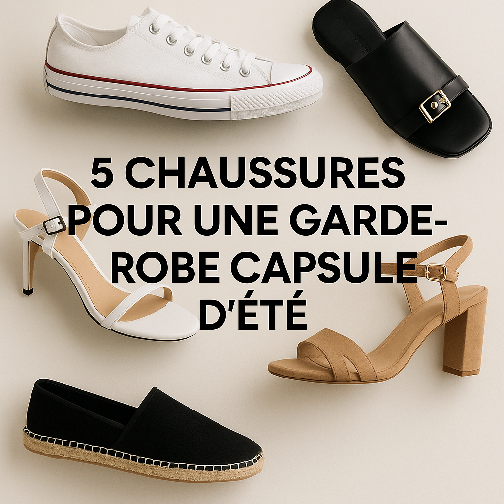 Sélection de 5 chaussures minimalistes pour une garde-robe capsule été femme, incluant sandales plates, baskets blanches, espadrilles, sandales à brides fines et à talons, style épuré et intemporel