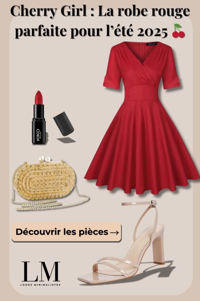 robe rouge cherry, sac osier et sandale nude