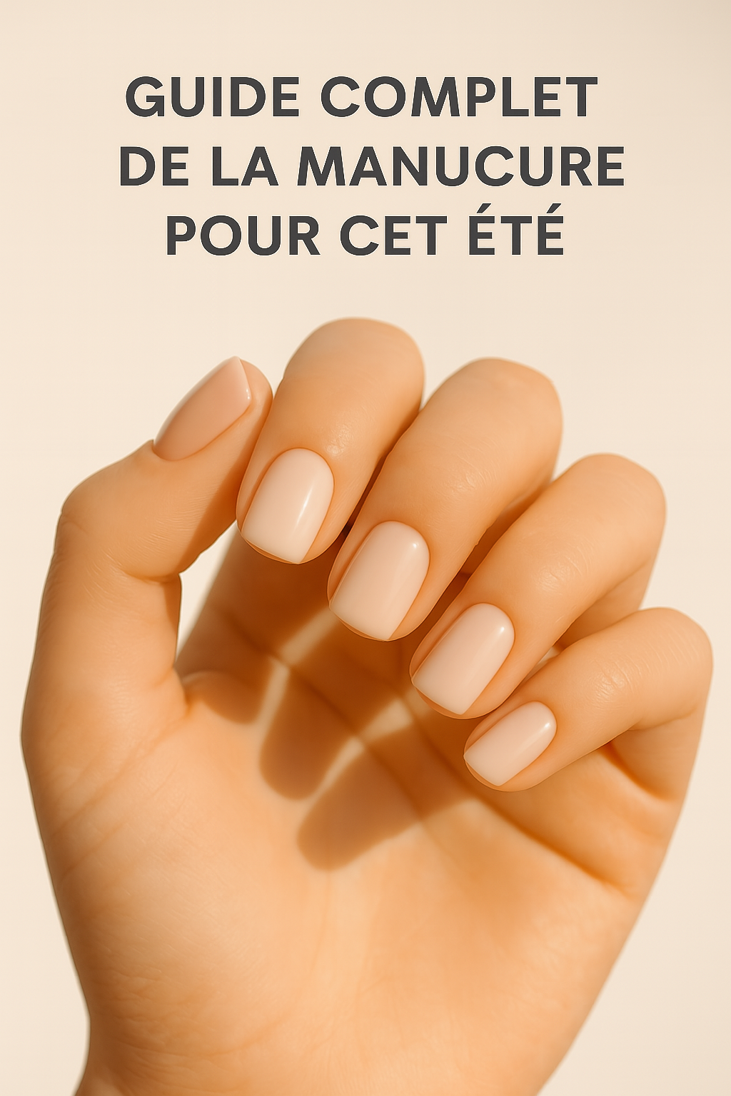 Main féminine avec ongles courts vernis dans un beige nude uniforme, style minimaliste et élégant pour l'été